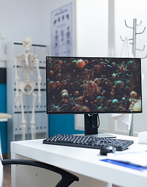 Computer with virus cell illustration on screen ready for patient consultation